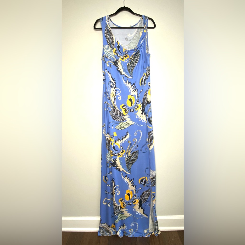 Tahari Women's Blue Floral Sleeveless Maxi Dress Side Slit Cowl Neck Size L